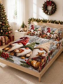 3pcs Winter Forest Gnome Bedding Set, Christmas Forest Gnome Dwarf Pine Tree Lantern Gift Print (1 Fitted Sheet + 2 Pillowcases, Pillow Inserts Not Included), Comfortable And Breathable, Multiple Sizes Available, Suitable For Master Bedroom, Guest Room, Etc. - Multicolor - View 7