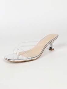 Glam Party Silver Clear PVC T‑Strap Toe‑Post Mule Heels, Square Toe Slip‑On Flared Mid‑Heel Transparent Strap Slide Sandals For Evening Occasion - Clear - View 9