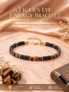 Tiger Eye Shield Energy Bracelet, Symbolizing Confidence And Success, Natural Stone Beads, Square Patchwork Vintage Business Style Unisex Couple Bracelet - Multicolor - View 1