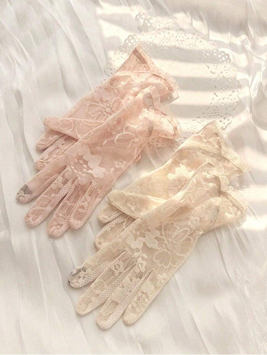 Women's Sun Protection Gloves, Featuring A Breathable Design, Come In Solid Color Or Floral Print Styles, And Are Made Of Polyester Fibers. - Multicolor - View 1