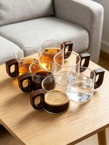 6pcs Wooden Handle Glass Tea Cups, Coffee Cups, 100ml Delicate Small Glass Cups, Suitable For Living Room, Garden, Party, Afternoon Tea, Guest Reception, Cups, Glass, One Cup Of Coffee - Multicolor - View 6