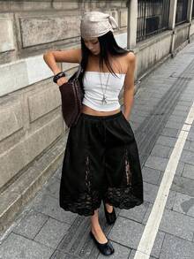 女款夏季四季通用對比蕾絲演唱會度假 Panlakad 電音節文藝復興市集夜店派對舒適黑色跨襠短褲優雅款 - 黑色 - 查看 7