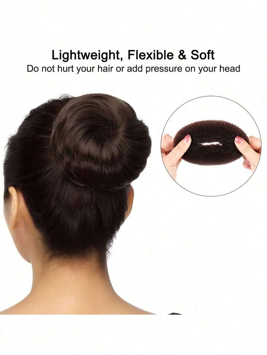 Fluffy Bun Hair Scrunchie, Mesh Donut Design Close To Dark Hair Color, Ponytail Goes Through And Wraps Twice, Press Once For Full Bun Hairstyle, Loose Hair Naturally Tucked Into Mesh, Back Of Head Instantly Voluminous, Brown Color Discreetly Blends Into Hair, 3-Minute Ready Hairstyle, Suitable For Commute And Date, Works For Any Hair Volume, Adjustable Tightness And Wrapping Method, Quick To Use Even When Rushing, Small And Portable, Gently Washable And Clean, Reusable Without Deformation, Bun Stays Firm All Day