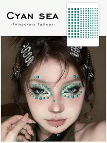 1pc Teal Acrylic Face Gem Sticker, Shiny Round Rhinestones, Stage Y2K Makeup Decor Sticker For Face, Body & Nail Art - Green - View 1