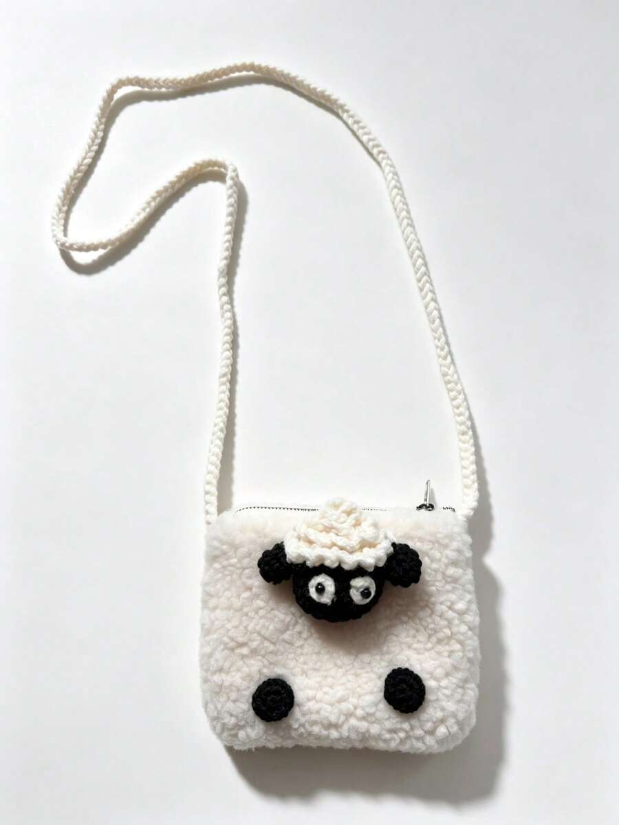 Mini Handmade Crochet 3D Sheep Plush Crossbody Bag Coin Purse - White - View 1