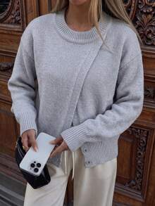 Sweater Anak Perempuan Musim Gugur/Dingin, Desain Asimetris, Warna Polos, Kardigan Rajut Lembut dengan Kancing di Bagian Bawah, Atasan Lengan Panjang dengan Bahu Jatuh Longgar - Grey - View 1