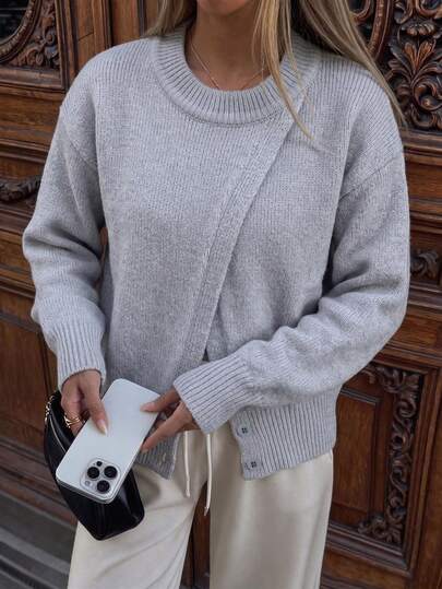 Girls' Autumn/Winter Asymmetric Design Solid Color Sweater, Soft Knit Cardigan With Button Hem, Loose Drop Shoulder Long Sleeve Top