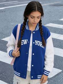 1pc Tween Girls Casual High Street Versatile Outdoor Commute Baseball Jacket, Autumn/Winter - Blue - View 9