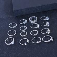 15pcs Open Water Drop Joint Rings Hollow Rhinestone Heart Rings Jewelry Set - Silver - View 2