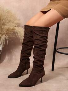 New Women's Fashion Elegant Pointed Toe High Heel Slouch Boots With Inner Zipper Over-The-Knee Slimming Boots - Coffee Brown - View 2