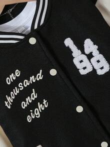 Girls' Colorblock Letter Patchwork Varsity Baseball Jacket, Striped Collar Button Front Autumn Baseball Jacket - Apricot - View 5