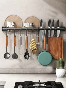 Wall-Mounted Kitchen Hanging Rack With Removable Hooks, Heavy Duty Black Metal Straight Bar Storage Rack, Suitable For Pots, Pans, Kitchen Utensils, Towels, Drill-Free Space-Saving Hanging Kitchen Storage Rack, Suitable For Home Apartment Kitchen Storage - Black - View 2