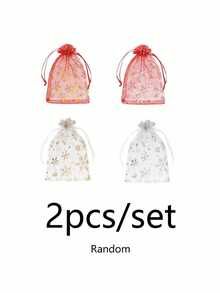 50pcs/Set Christmas Snowflake Print Organza Drawstring Gift Bags, Red Silver Mesh Pouch For Xmas Party Favor Packaging - Multicolor - View 12