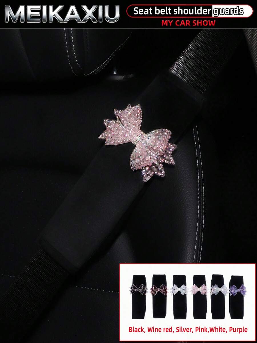 MEIKAXIU 1/2pcs Rhinestone Bling Mesh Bowknot Shoulder Strap Cover, Short Plush Car Seat Belt Shoulder Cover, Seat Belt Decoration, Car Decor Accessories For Women - Rhinestone Mesh Bow - View 1