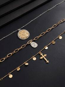 Bộ 3 dây chuyền cổ xương quai xanh phối màu vintage nhiều lớp với xích kẹp giấy, mặt dây hình chữ thập và đồng xu tròn dập nổi, trang sức cổ làm quà tặng tiệc tựu trường - Pha trộn màu sắc - Xem 6