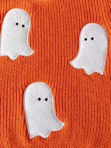 兒童萬聖節幽靈拼接圓領長袖針織毛衣，3D紋理寬鬆休閒節日套頭衫 - 橘色 - 查看 4