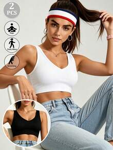 2 Packs Women Ribbed V Neck Crop Tank Top, Sleeveless Racerback Cropped Sports Bra, Casual Basic Workout Yoga Short Vest, Black & White - Multicolor - View 1