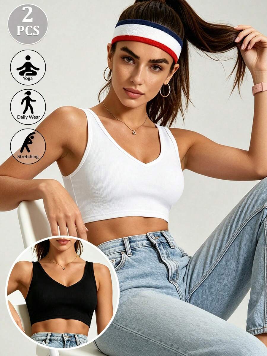 2 Packs Women Ribbed V Neck Crop Tank Top, Sleeveless Racerback Cropped Sports Bra, Casual Basic Workout Yoga Short Vest, Black & White - Multicolor - View 1