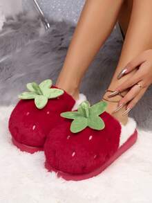 Don't Miss It! Price Rising Soon! Women Warm Non-Slip 3D Strawberry Pattern Closed-Toe House Slippers, Cute Winter Red Fur Plush Indoor Home Slides - Red - View 8
