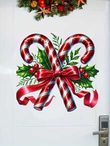 1pc Christmas Candy Cane And Holly Leaf Berry Red Bow Pattern PVC Material Home Wall Bathroom Toilet Decoration Sticker, Suitable For Christmas Holiday Atmosphere Decoration Of Walls, Cabinets, Refrigerators, Toilet Lids And Other Scenes - A - View 5