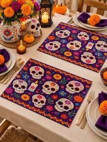 Day Of The Dead Sugar Skull Table Runner, Pillow Case, Placemat, Mexican Style Party Decoration, Purple Floral Candle Pattern, Day Of The Dead Tablecloth, Bohemian Kitchen Home Decor - Multicolor - View 5