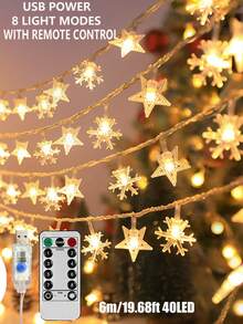 USB Powered LED Star Snowflake Christmas String Lights With Remote Control, 8 Lighting Modes Warm White Snowflake Fairy Lights, Christmas Tree Party Home Bedroom Dorm Indoor Wall Hanging Decorative Lights, Holiday Winter Atmosphere Decoration Lights - Transparent Stars + Snowflakes - View 11