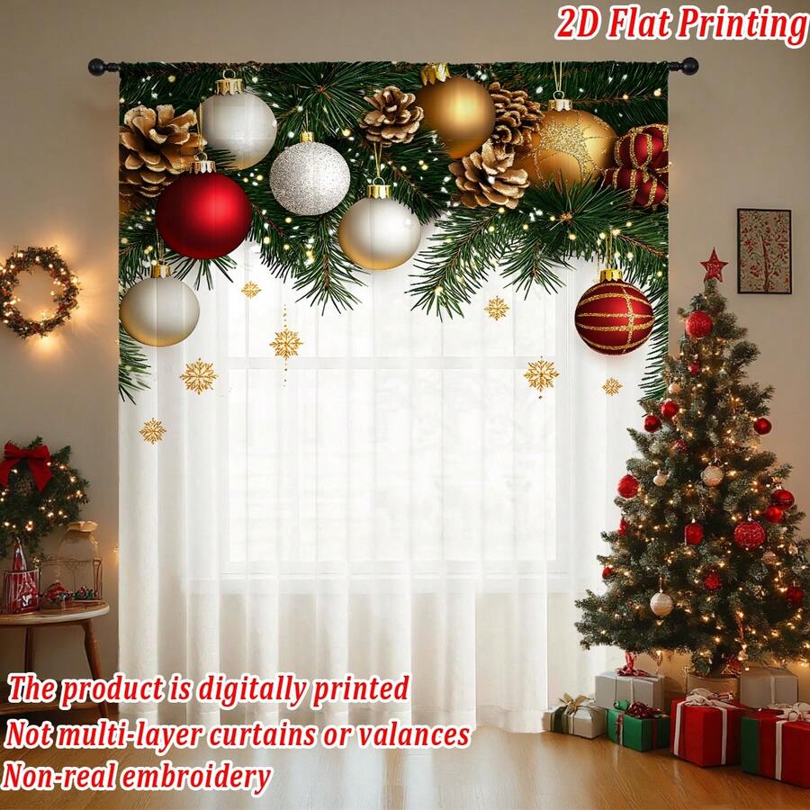 Rideau décoratif transparent à imprimé plat de Noël, haute définition, résistant à la décoloration, maille diamant premium, anti-accrochage, résistant aux plis, doux et lisse, lavable, drapé naturel, semi-transparent filtrant la lumière, convient pour le salon, la chambre, la cuisine, la décoration de fête de Noël à la maison - Multicolore - Voir 1
