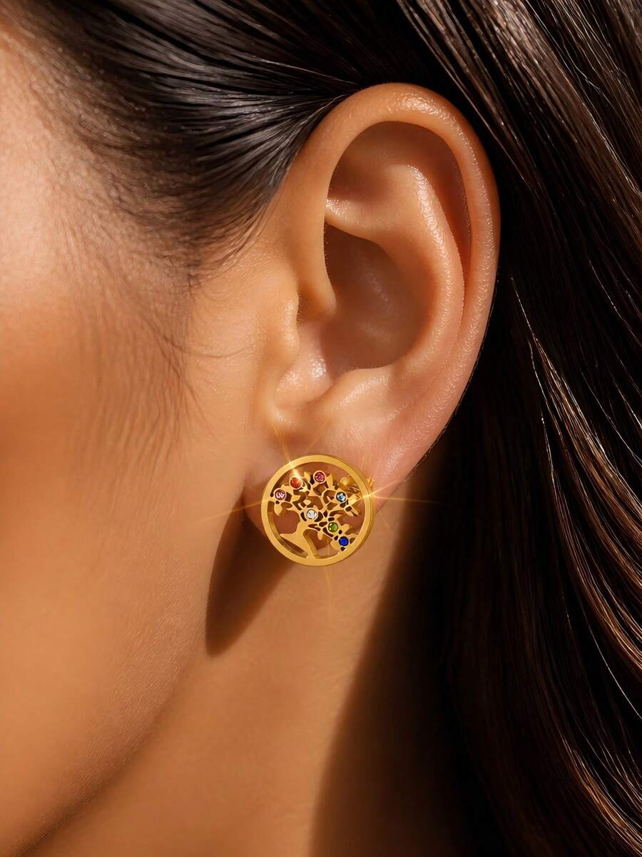 VceTd 1 Pair Naturalist Style Tree Of Life Design Stainless Steel Earrings With Colorful Glass Decor, Suitable For Daily Wear Or Party - Yellow Gold - View 1