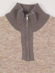 Sweater Rajut Wanita Setengah Rits Kontras Warna dengan Trim Berusuk Leher Tinggi Pullover Lembut Warna Oatmeal Atasan Jumper - warna oatmeal - View 8
