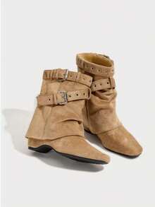 French Blogger Style Pointed Toe Wide Shaft Knee-High Boots, Nordic Kitten Heel Riding Boots For Women - Khaki - View 9