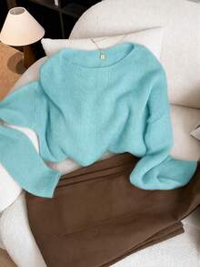 Women's Spring Autumn Loose Soft Cozy Slouchy Minimalist Versatile Fashion Solid Color Knit Top Outerwear Base Layer Daily Outfit - Mint Blue - View 1