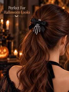 2pcs Halloween Skeleton Hand Bone Hair Clips, Black Bow Ghost Hand Side Clips, Dark Style Cosplay Party Funny Headwear, Halloween Party, Cosplay Outfit, Y2K Fashion, Holiday Photo - Multicolor - View 7