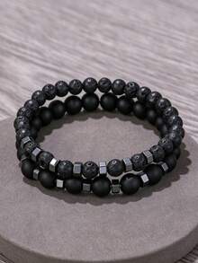 RINTOLER 2 piezas de brazaletes de cuentas de piedra volcánica para hombres, adecuados para uso diario - Negro - Ver 1