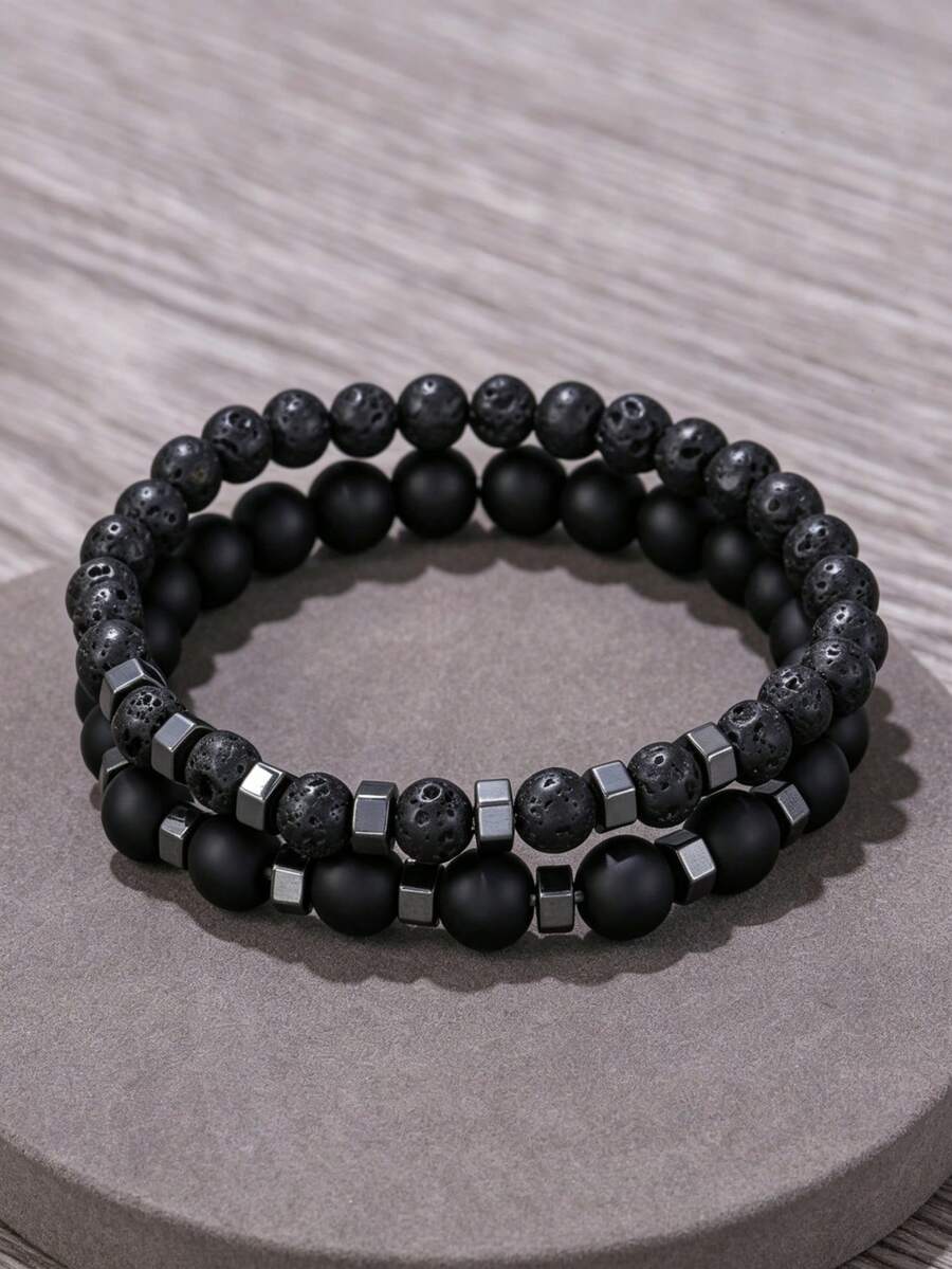 RINTOLER 2 piezas de brazaletes de cuentas de piedra volcánica para hombres, adecuados para uso diario - Negro - Ver 1