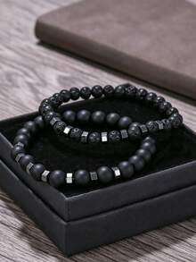 RINTOLER 2 piezas de brazaletes de cuentas de piedra volcánica para hombres, adecuados para uso diario - Negro - Ver 5