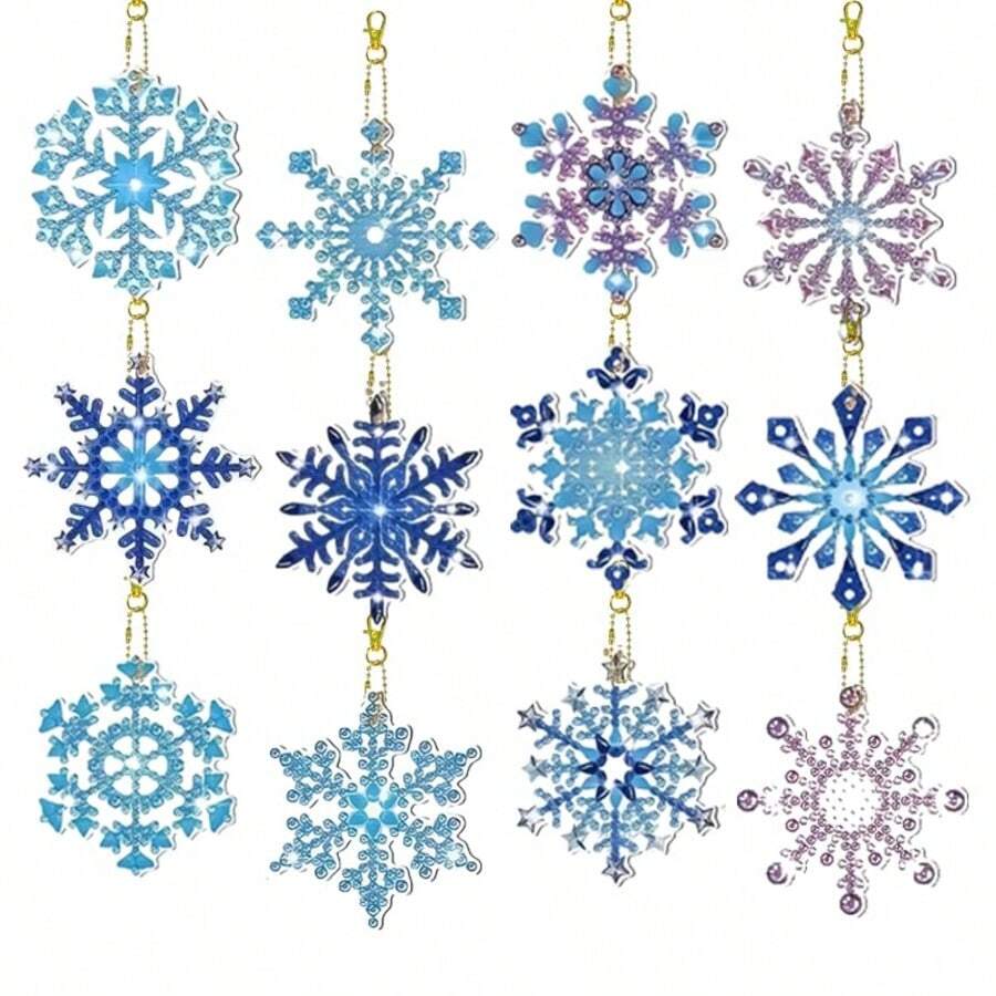 12pcs Christmas Diamond Art Keychain Set, Snowflake DIY Gem Painting Keychains, Full Crystal Rhinestone Stickers Suitable For Christmas Handicrafts Materials - Multicolor - View 1