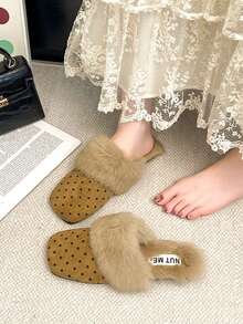 Women's Khaki Fluffy Indoor Slippers, Quiet Soft Sole, Winter Wearable Versatile Polka Dot Flat Fur Slippers, Anti-Slip Comfortable - Khaki - View 3