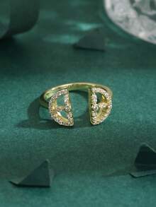 1pc High Quality European & Middle Eastern Cubic Zirconia Copper Plated 18K Gold Clover Lemon Slice Starry Sky Luxury Open Ring, Women's Gift For Daily Wear - Yellow Gold - View 3