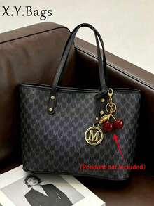 Classic Black All-Over Print M Letter Tote Bag, Detachable Metal Letter Logo And M Round Pendant On Front, Loose Large Capacity Open Top (Pendant Not Included) - Black - View 5