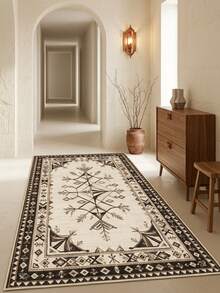 1PC Beige Black Brown Abstract Geometric Plant Vine Pattern Bohemian Carpet, Vintage Faux Cashmere Rectangular Symmetrical Geometric Vine Pattern With Multiple Rhombus Jagged Border Details, Machine Washable Area Rug, Suitable For Living Room Bedroom, All Season Home Decor - Multicolor - View 6