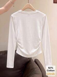 Autumn Long Sleeve T-Shirt, White Women's Long Sleeve Top, Versatile Slim Fit Solid Color Inner Layer - White - View 6