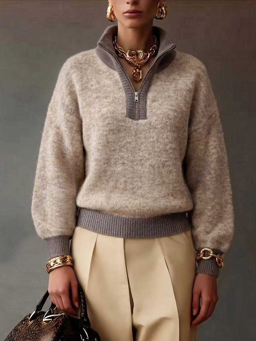 Sweater Rajut Wanita Setengah Rits Kontras Warna dengan Trim Berusuk Leher Tinggi Pullover Lembut Warna Oatmeal Atasan Jumper - warna oatmeal - View 1