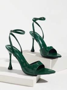 Women's High Heel Sandals, Minimalist Fashion One-Strap Buckle Design, Delicate Mirror Embossed Texture, Sharp Pointed Toe, Thin High Heel, Deep Personalized Dark Green Open Toe, Suitable For Daily Commute, Office, Business, Holiday Party, Nightclub, Dating, Outdoor, All Season Wear, Christmas, Halloween - Dark Green - View 6