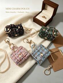1pc Cute Tweed Mini Jewelry Storage Bag, Portable Earphone Bag Keychain Pendant, Mini Travel Ring Box Travel Jewelry Box Cosmetic Storage Box, Women's Earring/Ring/Necklace/Bracelet Storage Box, Mini Wallet - Tweed Mini Bag - View 4