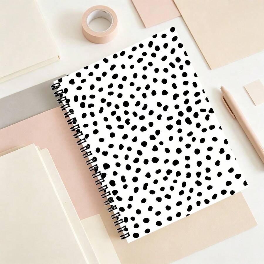 Casual Hand-Drawn Spotted Dog Pattern Spiral Bound Notebook - Asymmetrical Black Polka Dot Design, 100 Pages Writing Book, A5 Korean Style Diary Planner - Lined Book - View 1