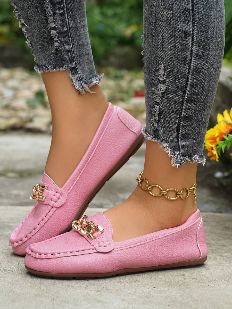 Women's Spring New Gold Chain Elegant Slip-On Loafers, Lightweight, Comfortable, Versatile Rubber Flat Shoes - Pink - View 1