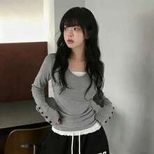 Button V-Neck Fitted Long Sleeve T-Shirt With Cinched Waist And Cold Shoulder Design, Versatile Top - Light Grey - View 8