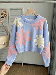 Girls Cute Colorblock Floral Round Neck Short Knit Sweater Long Sleeve Pullover Suitable For Daily, Vacation, Casual, Spring, Autumn, Winter - Blue - View 1