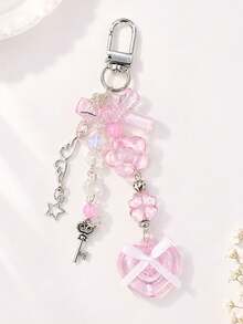 Y2K Pink Heart Beaded Phone Charm - Cute Multi-Functional Bag Keychain Sweet Aesthetic Pendant Women's Gift - Pink - View 2