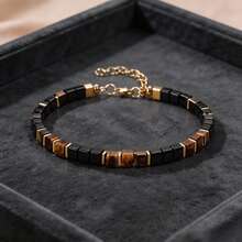 Tiger Eye Shield Energy Bracelet, Symbolizing Confidence And Success, Natural Stone Beads, Square Patchwork Vintage Business Style Unisex Couple Bracelet - Multicolor - View 4